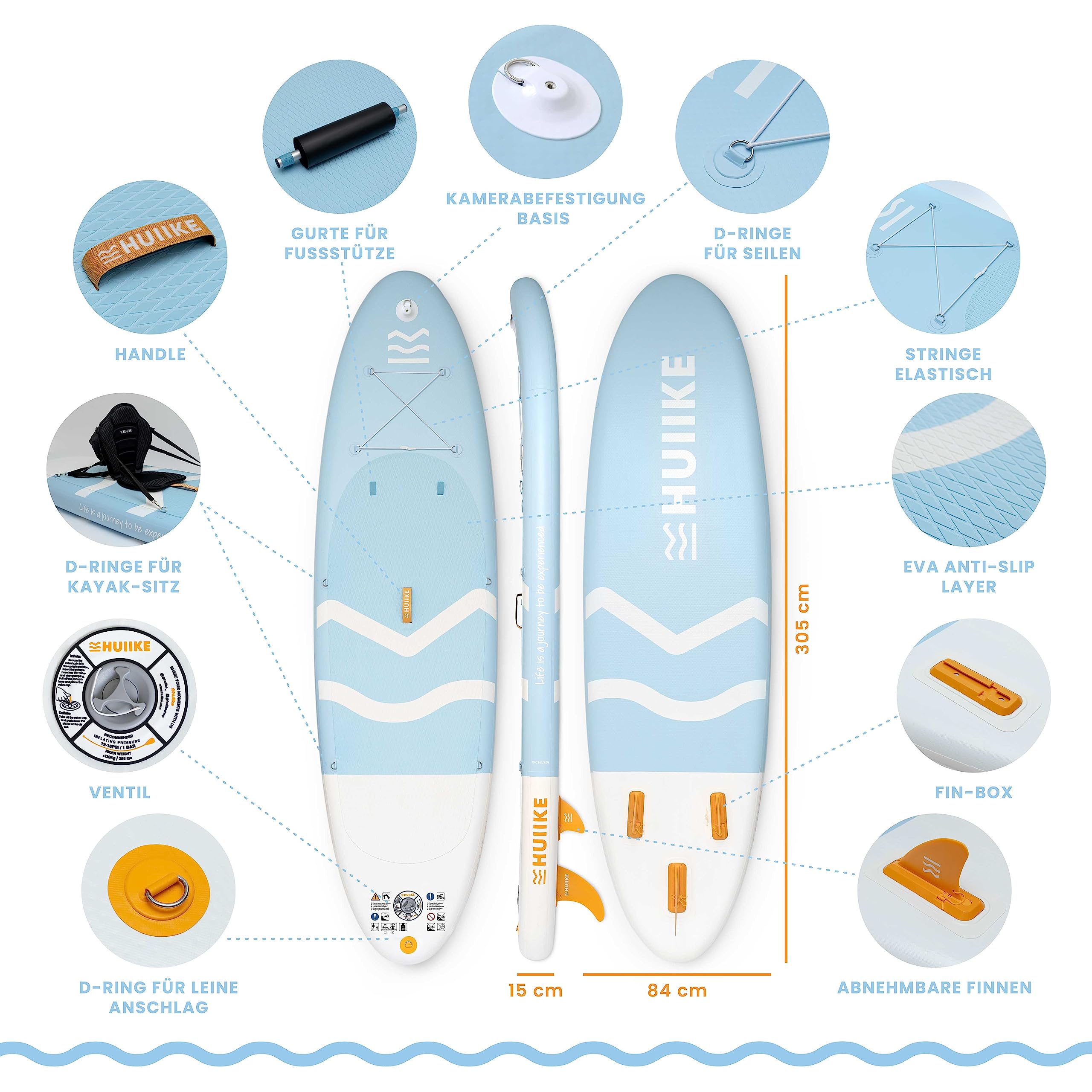 HUIIKE SUP Board 305cm aufblasbar komplett Set - Stand Up Paddle Zubehör Paddel Finnen Pumpe 130kg