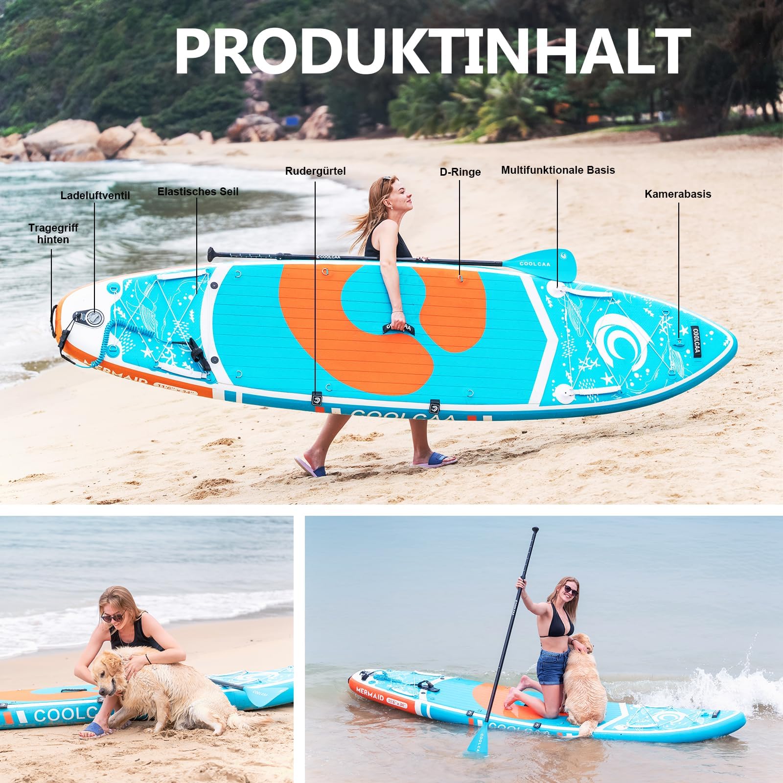 COOLCAA SUP Board 354x86x15cm - Premium Zubehör, 210kg Tragkraft, Stand Up Paddle für Erwachsene & Jugendliche alle Niveaus
