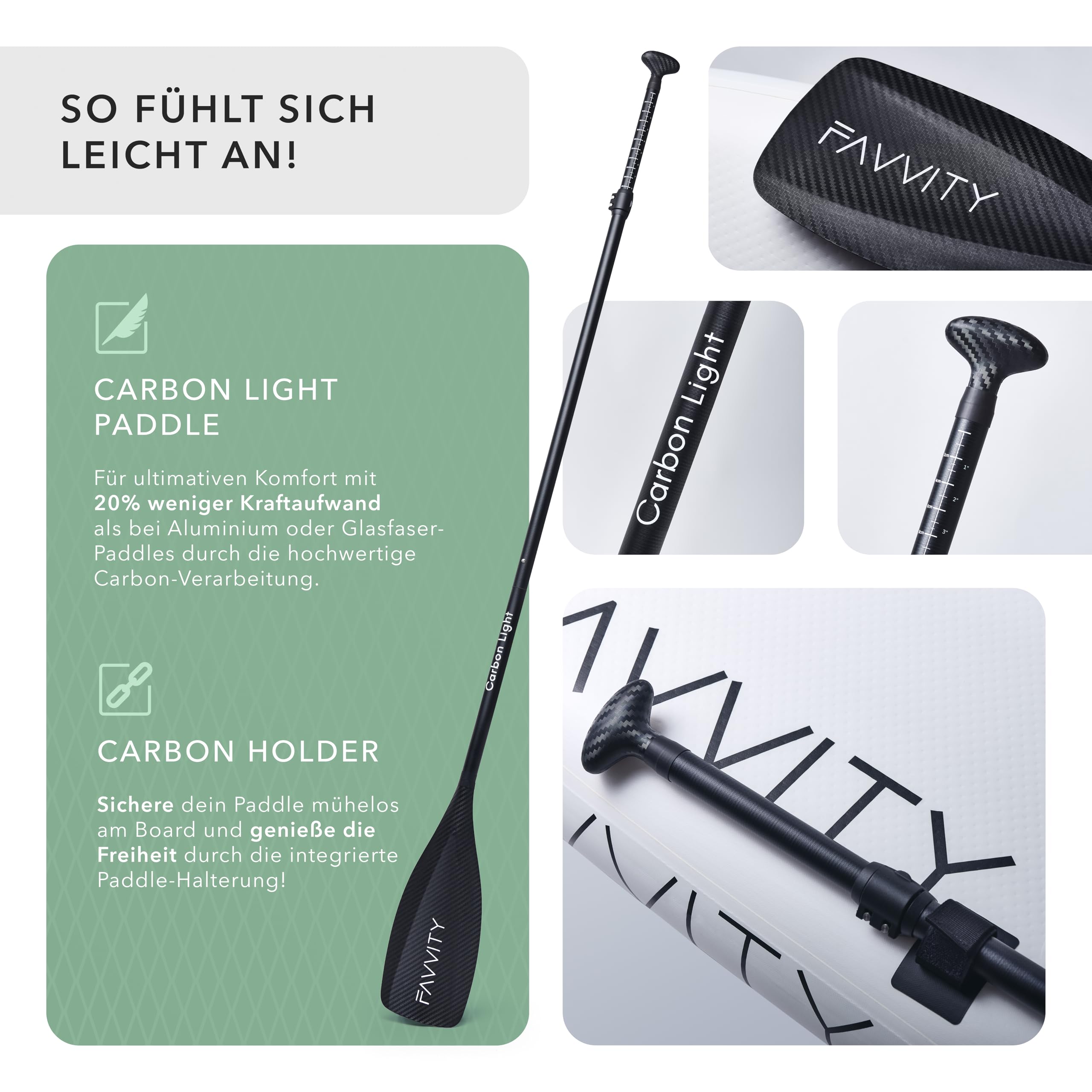 FAVVITY Aufblasbares SUP Board - 7 Jahre Garantie, ultraleicht, Halb-Carbon, 150kg Tragkraft, Allrounder Stand-up Paddle Set
