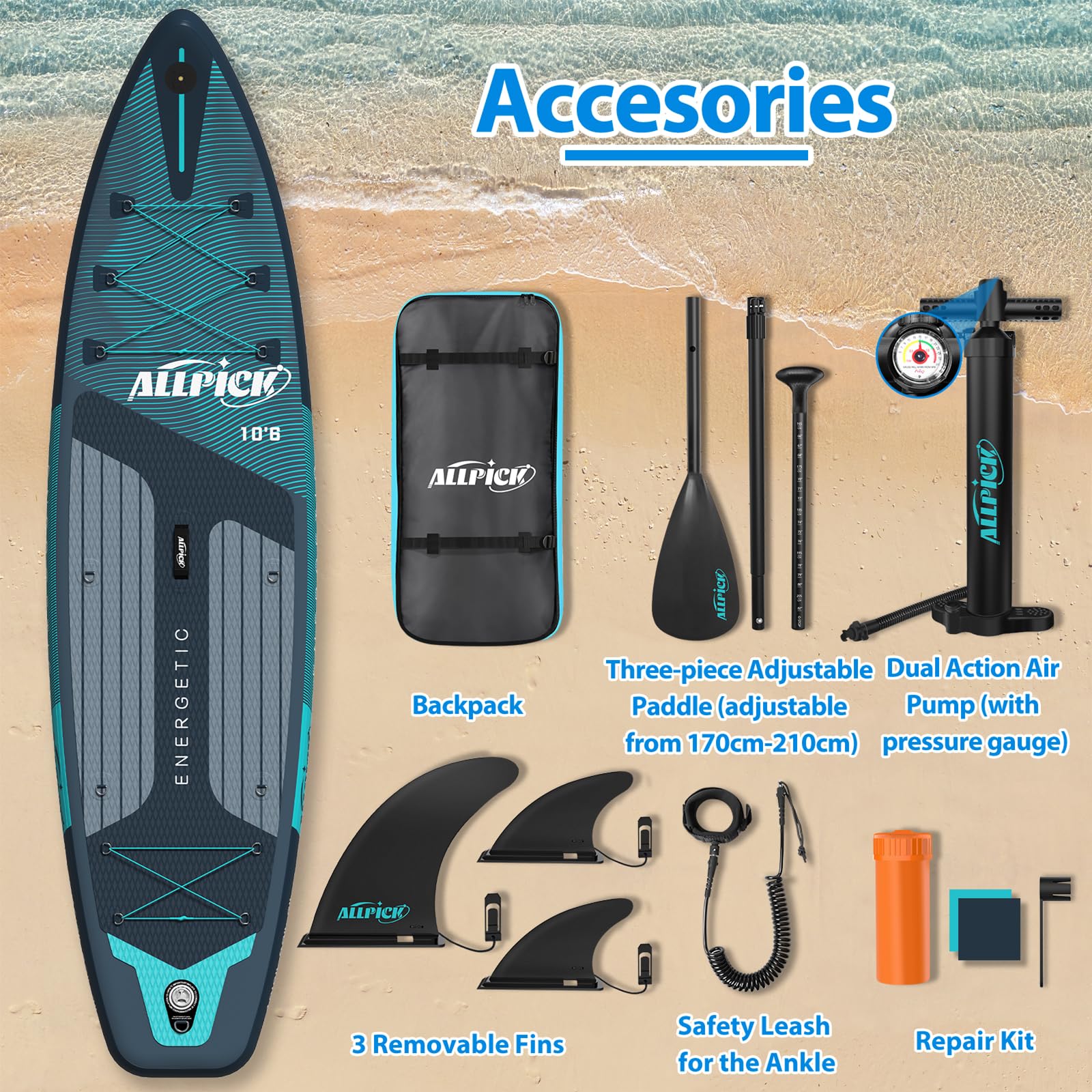ALLPICK Premium SUP Board aufblasbar - Stand Up Paddle Set mit Kamerahalterung, komplettes Zubehör, verstellbares Paddel, 200kg Premium-Grün