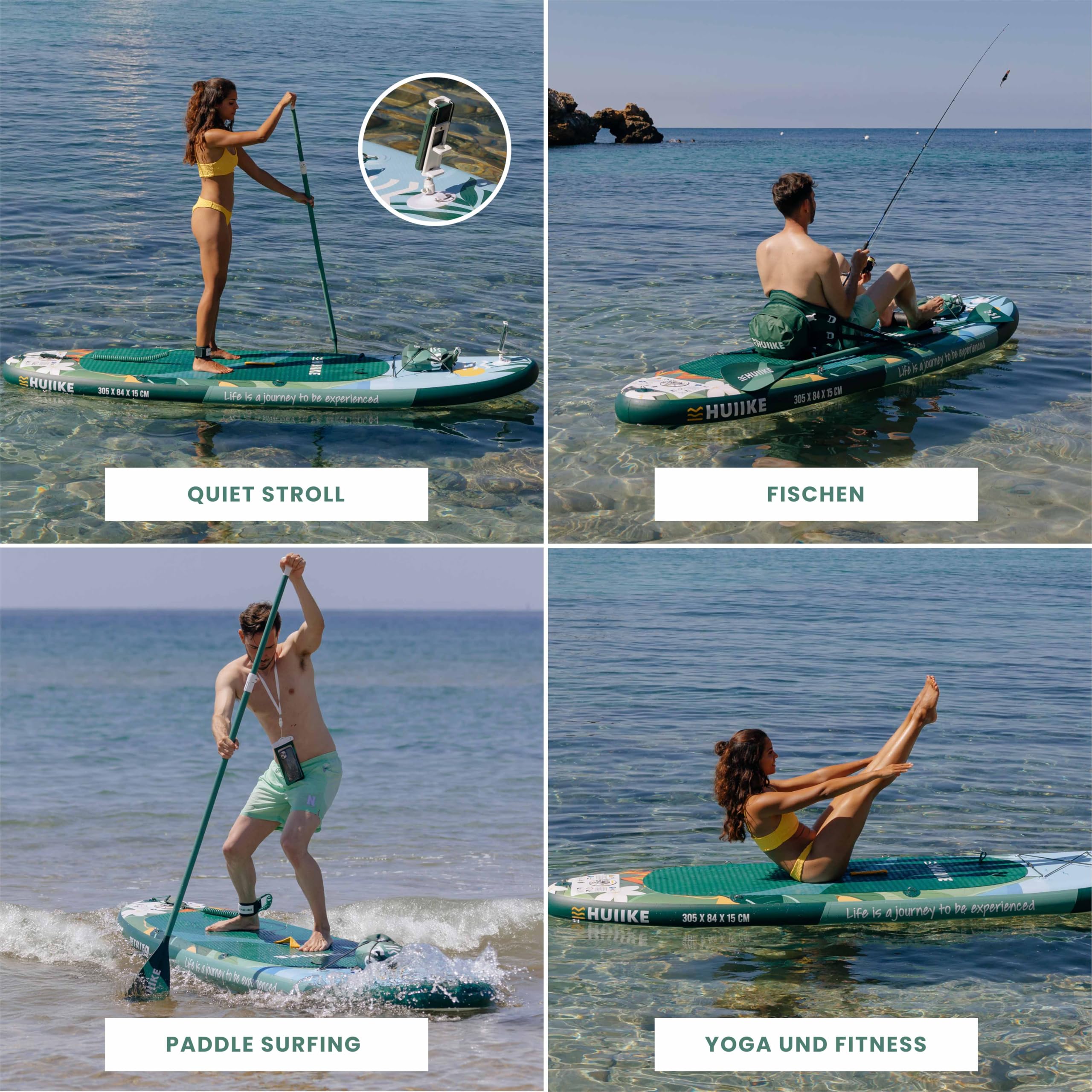 HUIIKE SUP Board aufblasbar mit Zubehör - 305x84x15cm - Belastbar bis 130kg - Hohe Stabilität - Inkl. Paddel, Finnen, Pumpe