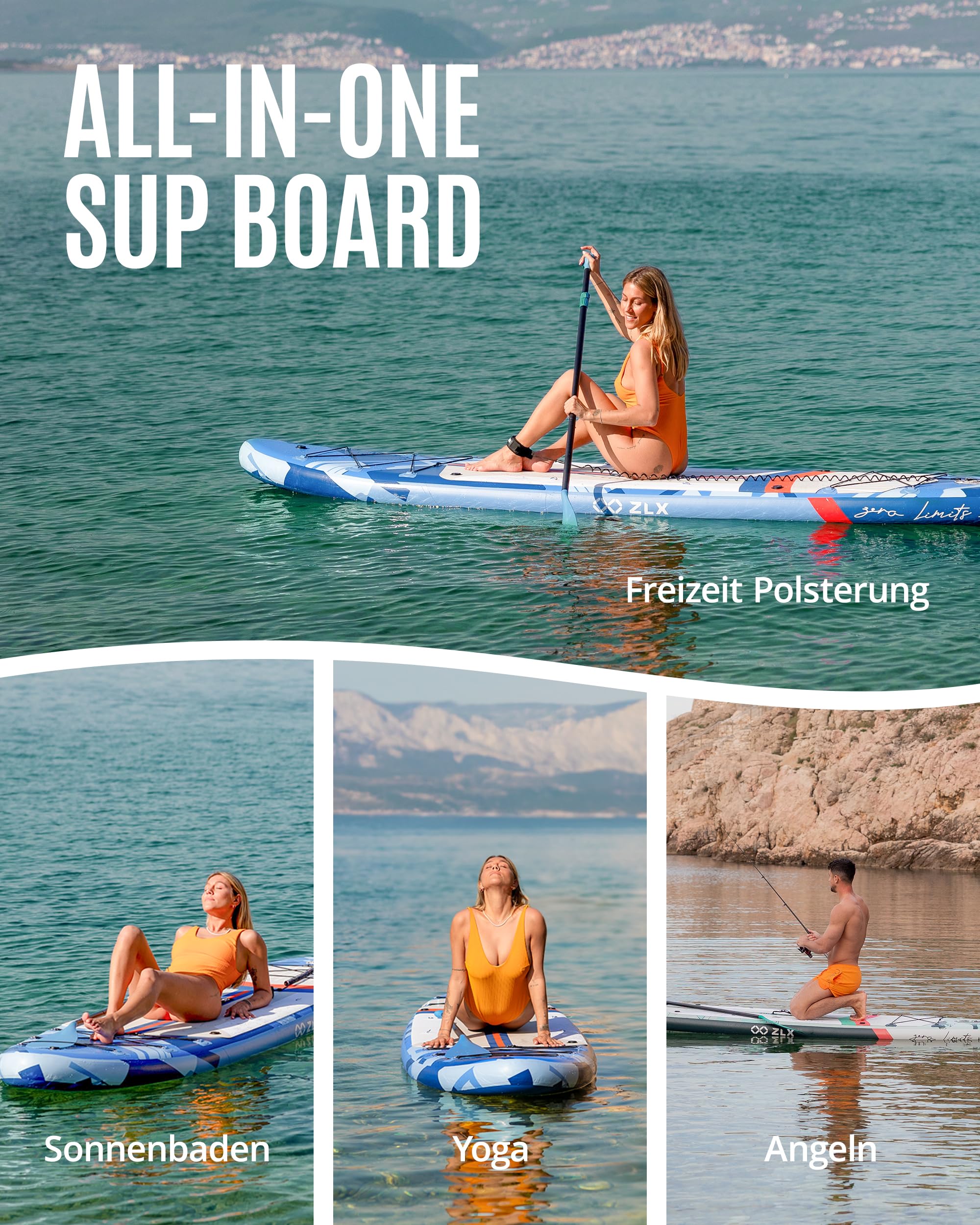 ZLX SUP Board 350cm Extra Groß mit Sitz - 550LB Tragfähigkeit - Anfängerfreundlich - Anti-Rutsch-Deck - Inkl. Pumpe & Paddle