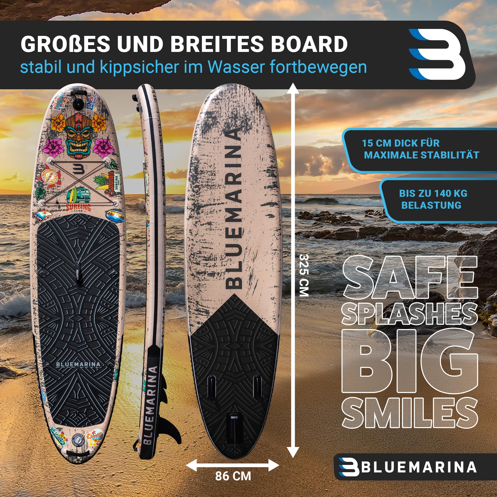 Bluemarina SUP Board aufblasbar - 5 JAHRE GARANTIE - 140kg Tragkraft - 325x86x15cm - Stand Up Paddling Set - Tiki 325cm