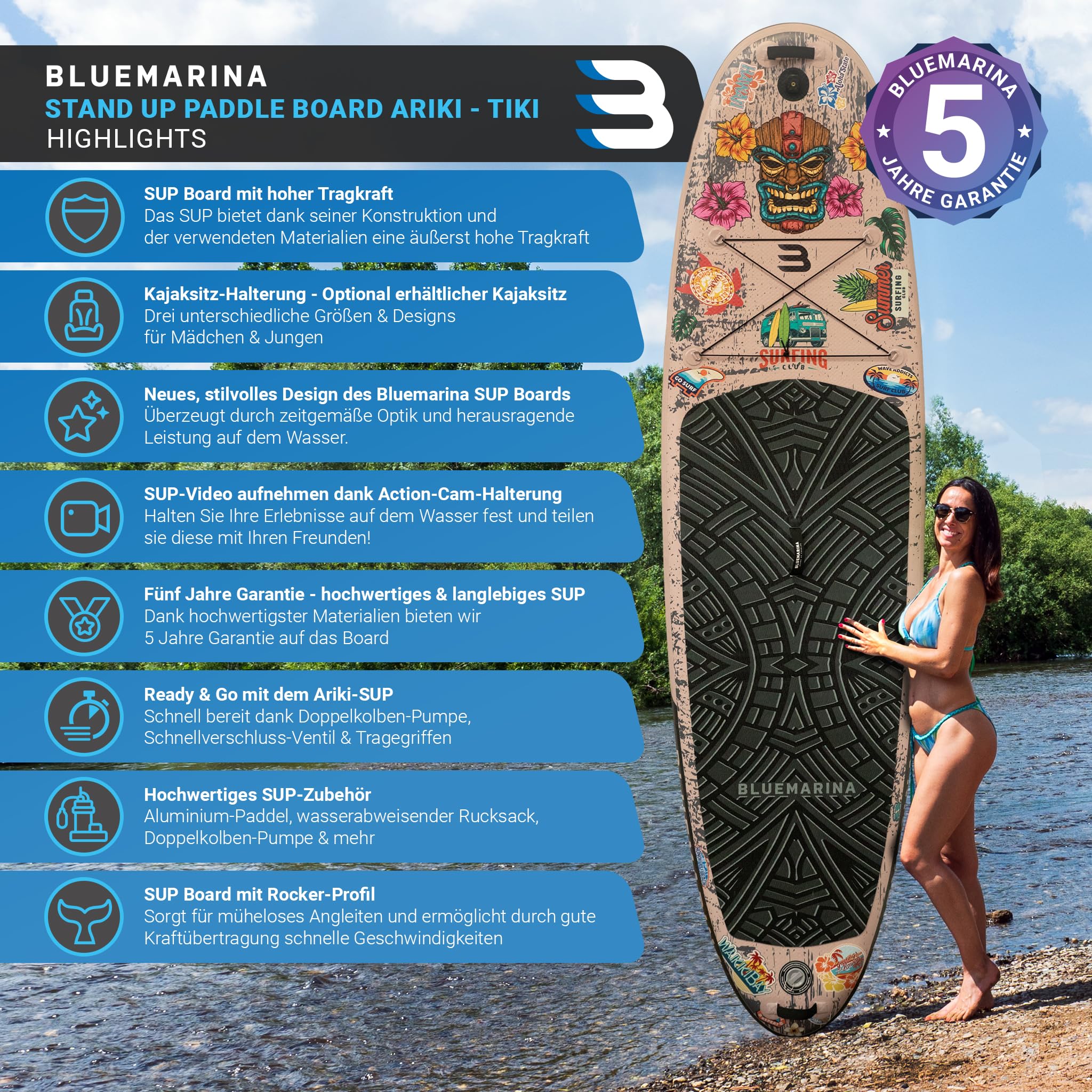 Bluemarina SUP Board aufblasbar - 5 JAHRE GARANTIE - 140kg Tragkraft - 325x86x15cm - Stand Up Paddling Set - Tiki 325cm