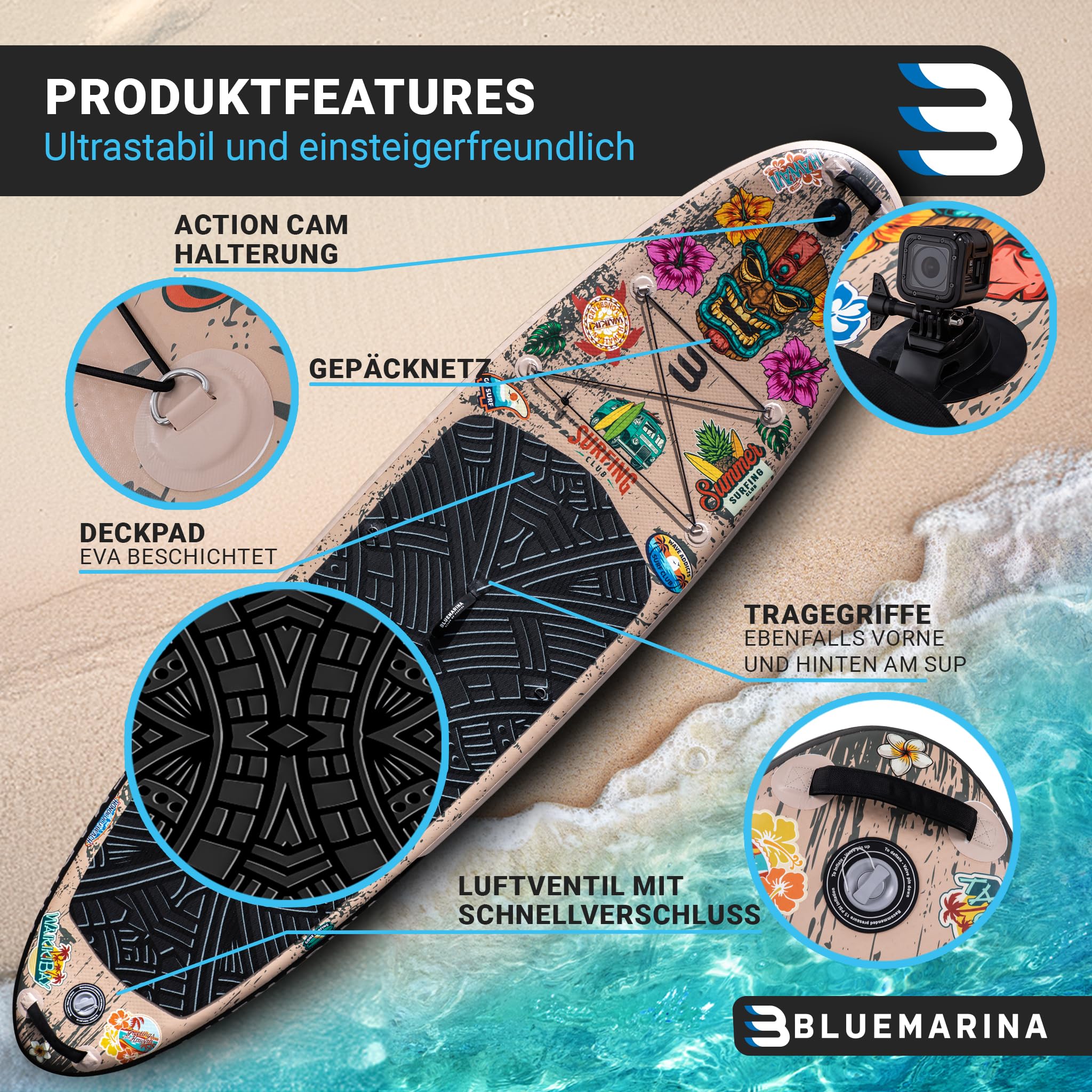 Bluemarina SUP Board aufblasbar - 5 JAHRE GARANTIE - 140kg Tragkraft - 325x86x15cm - Stand Up Paddling Set - Tiki 325cm
