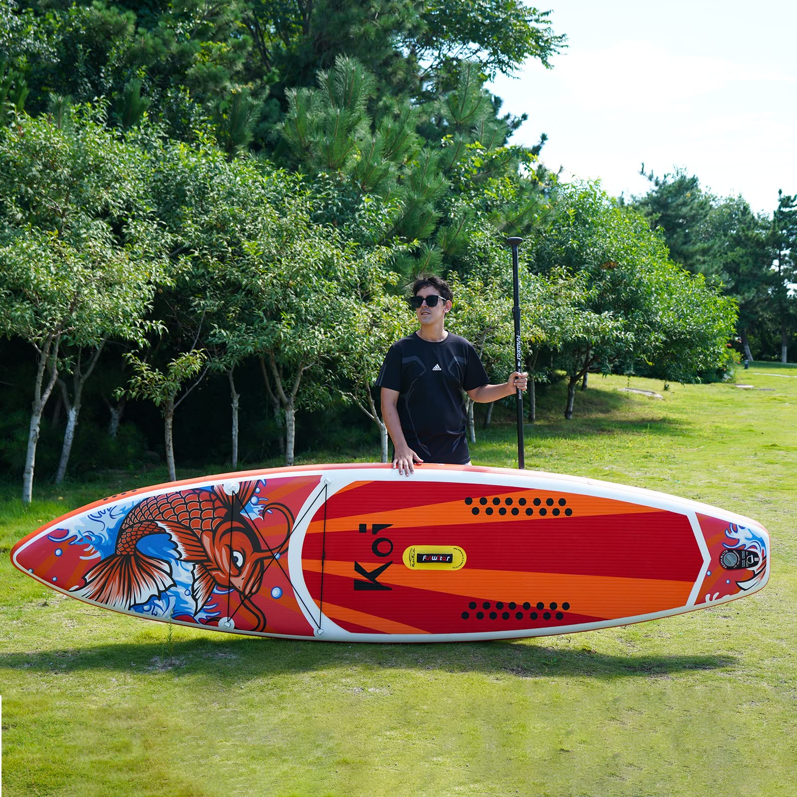 FunWater Aufblasbares SUP Board - Komplettes Set mit Paddel, Pumpe, Reiserucksack, Leine & wasserdichter Tasche - Erwachsene - Rot